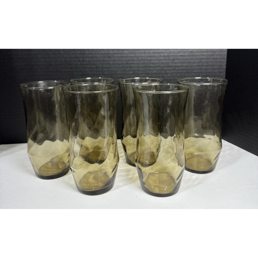 6 Vtg MCM Libbey Tawny Brown Optic Swirl Curved 24 Oz Tumblers, 6 7/8", 3 3/8"